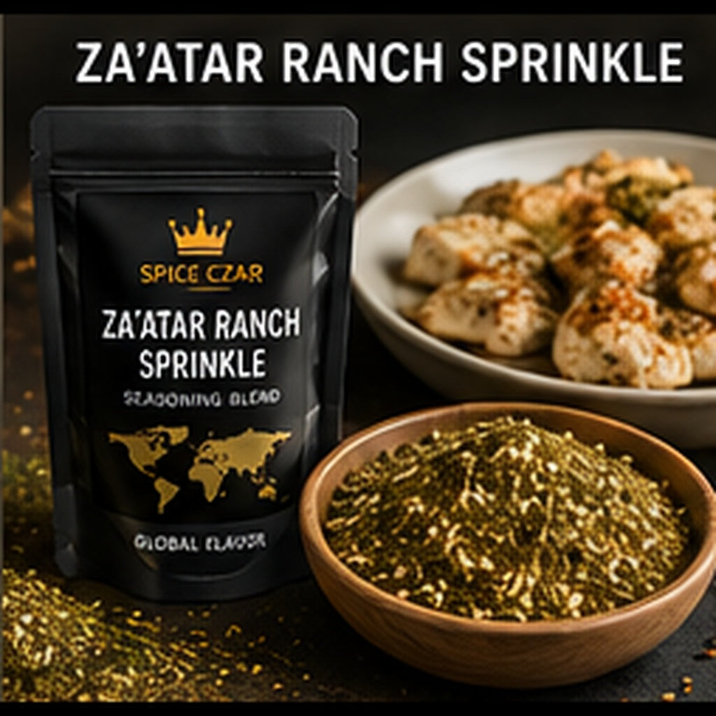 Spice Czar Za'atar Ranch Sprinkle with herb-sesame ranch seasoning and a savory serving suggestion