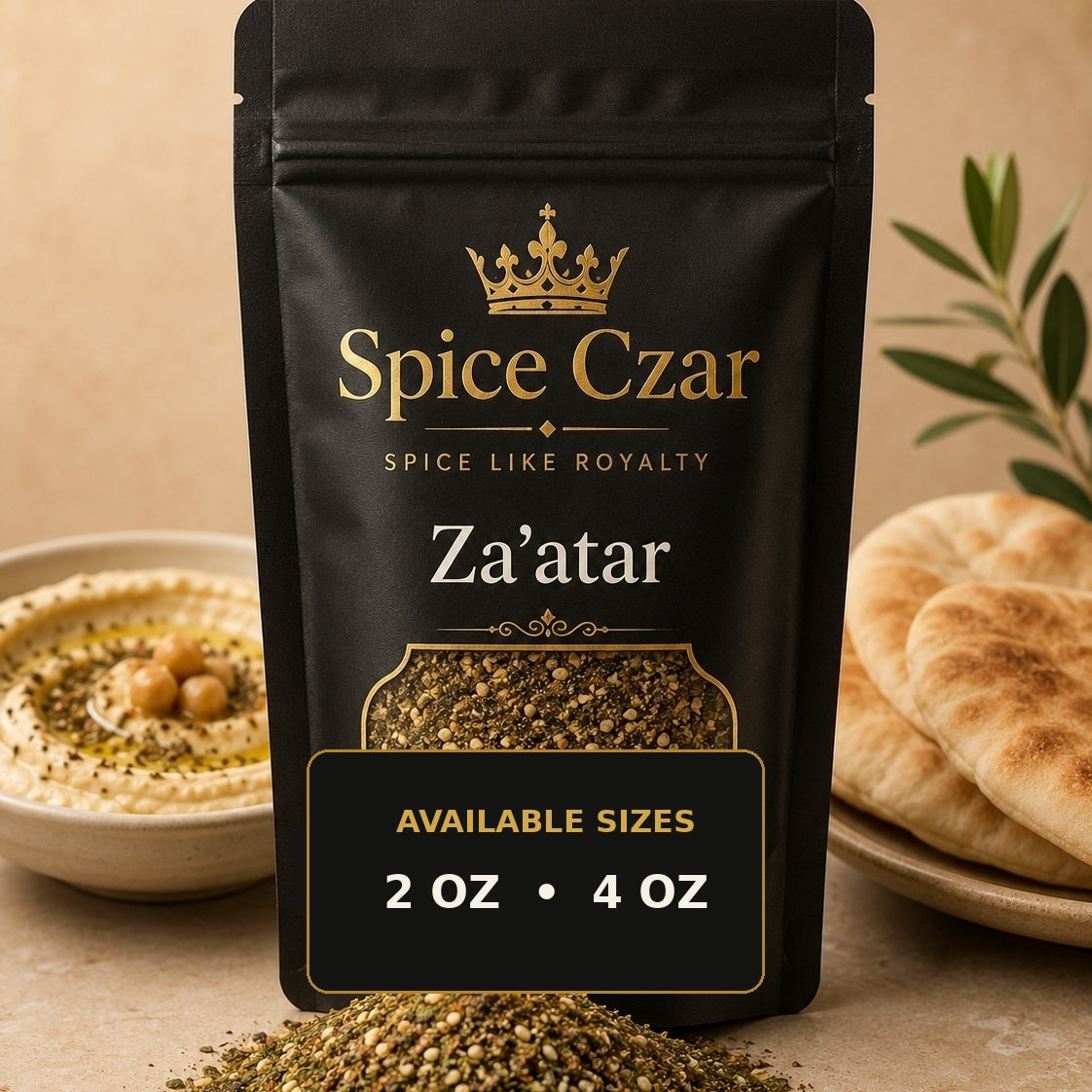 Spice Czar Za'atar with green herb, sumac, and sesame texture beside pita and hummus