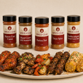 The Heat Seeker bundle with five labeled 2 oz Spice Czar hot seasonings and serving suggestions