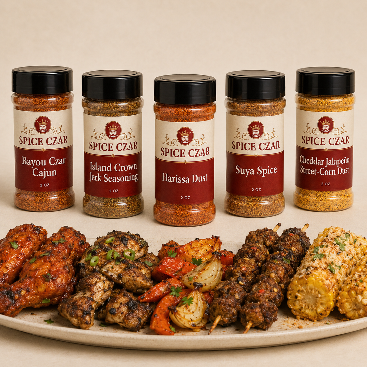 The Heat Seeker bundle with five labeled 2 oz Spice Czar hot seasonings and serving suggestions